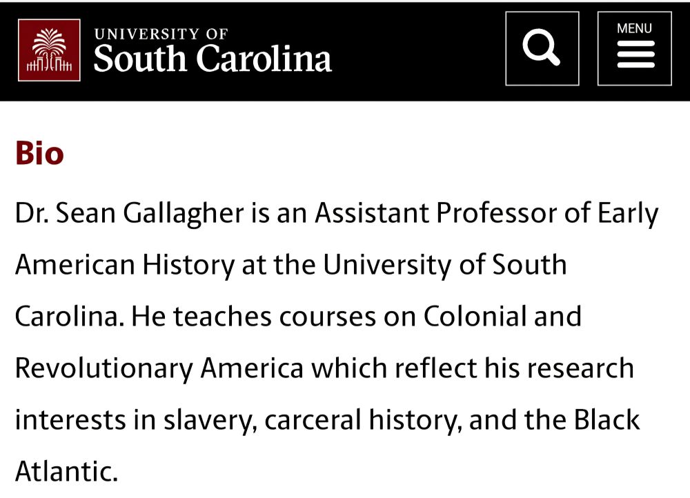 Professional bio: Sean Gallagher is an Assistant Professor of Early American History at the University of South Carolina. He teaches courses on Colonial and Revolutionary America which reflect his research interests in slavery, carceral history, and the Black Atlantic.
