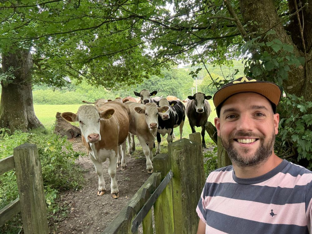 Matt taking a selfie with a herd of cows. 