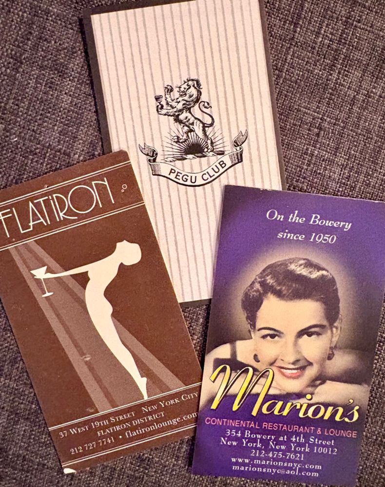 Business cards for the Flatiron Lounge, Pegu Club, and Marion’s Continental 