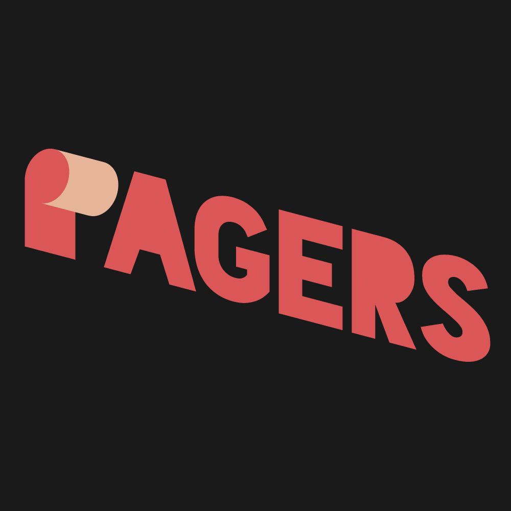 A red text logo on a dark off-black. The logo reads "PAGERS" in a font with the holes in the A and R filled. The P at the front is styled like a piece of paper folding inward.