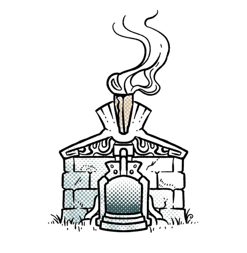 An illustration of a stone building with pipes affixed. The blue-grey color is applied via halftones on half of the stone, with darker tones in the doorway, and orange for the pipe in its roof, which bellows smoke