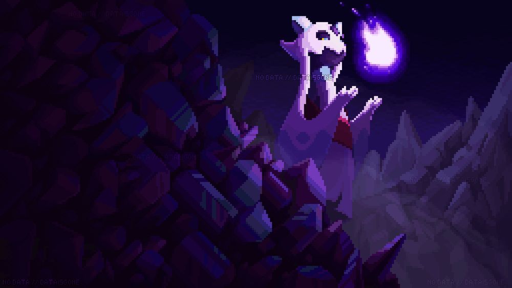 The Pokemon Froslass moving through a series of mountainous crystals in the fog, holding a Spiritomb wisp