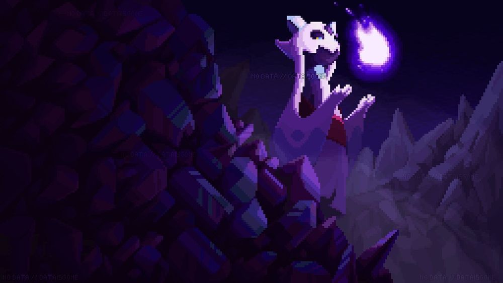 The Pokemon Froslass traveling through crystal mountains in the fog, holding a wisp in her hands