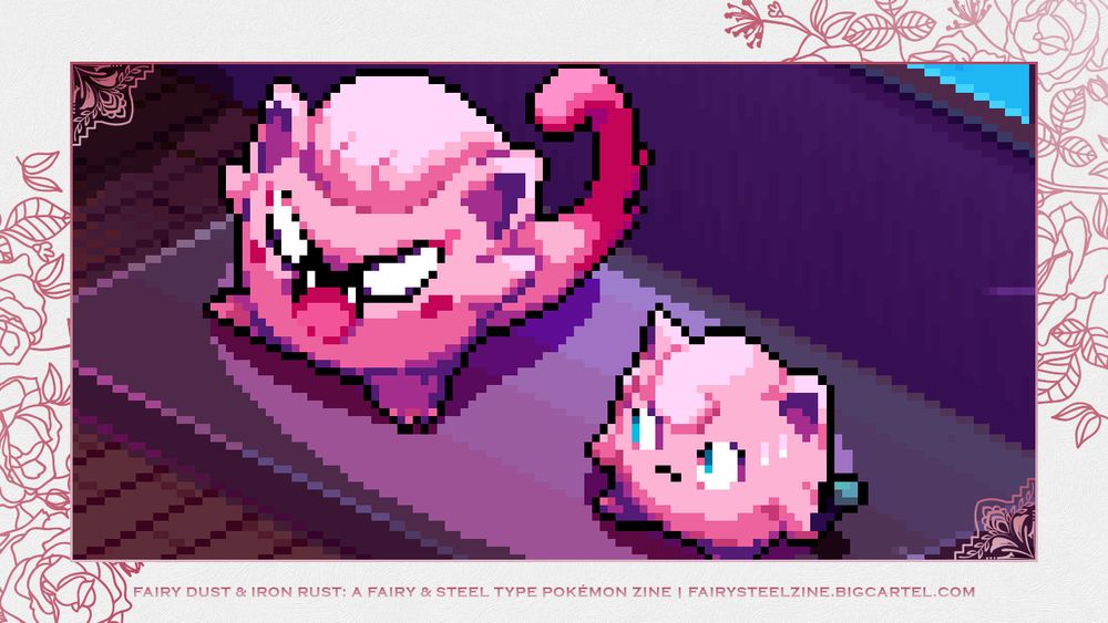 A preview image of a pixel art piece depicting the Pokemon Jigglypuff and Scream Tail spotlighted on a stage with a purple background. Scream Tail is shouting something fierce while Jigglypuff side-eyes her nervously while holding a mic. The bottom text reads: "Fairy Dust & Iron Rust: A Fairy & Steel Type Pokemon Zine" with the URL "fairysteelzine.bigcartel.com".