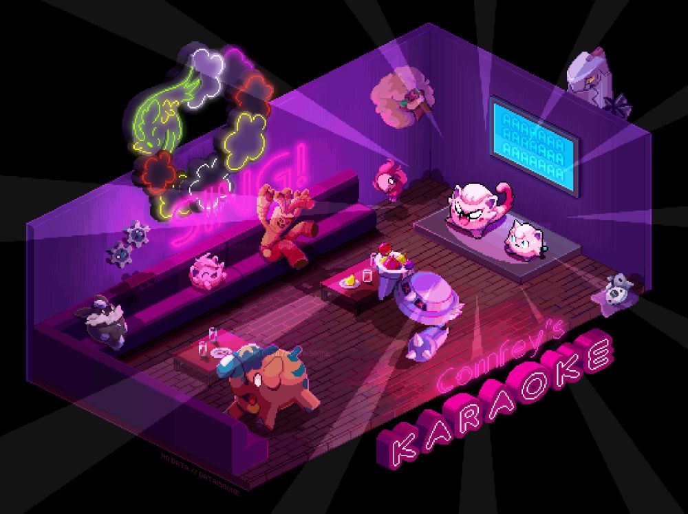 A karaoke scene of Pokemon enjoying (or being traumatized) by Scream Tail and Jigglypuff performing on stage