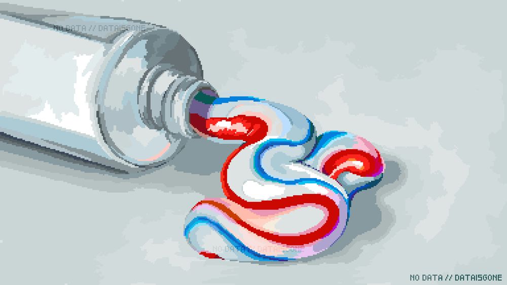 A pixel art speed painting of white toothpaste with red and blue stripes coming out of a white tube.