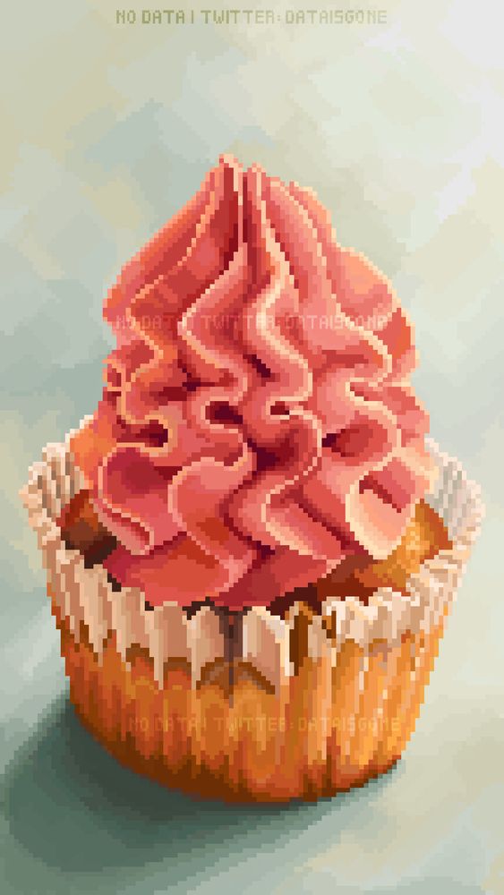 A pixel art painting of a vanilla cupcake with a large amount of pink frosting on a light blue background.