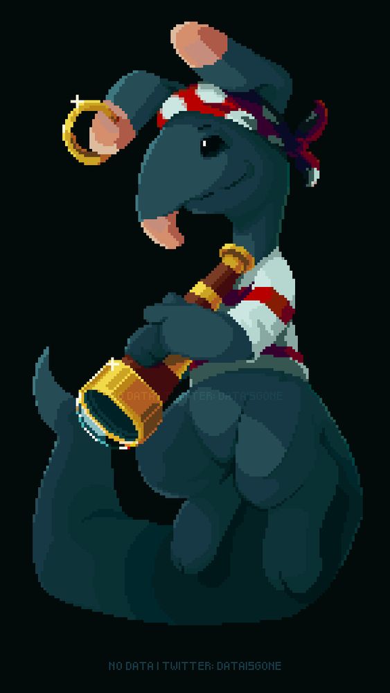 Pixel art of a Pirate Blumaroo from Neopets wearing a gold hoop earring, a polka dot bandana on their head, and a striped shirt. They're holding a telescope and are pointing to something off screen.