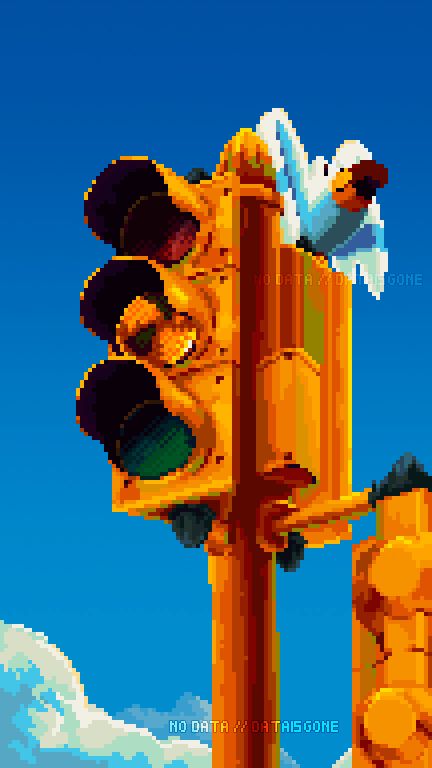 Wingull, a seagull Pokemon, perched on a streetlight framed by a nearly cloudless sky