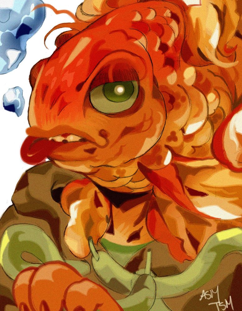 Orange goldfish object head original character in a brown hoodie blowing bubbles