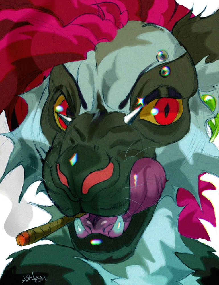 An anthro grey black and white ring-tailed lemur with a hot pink mohawk smoking a blunt, licking their chops. They have piercings on their muzzle and top eye.