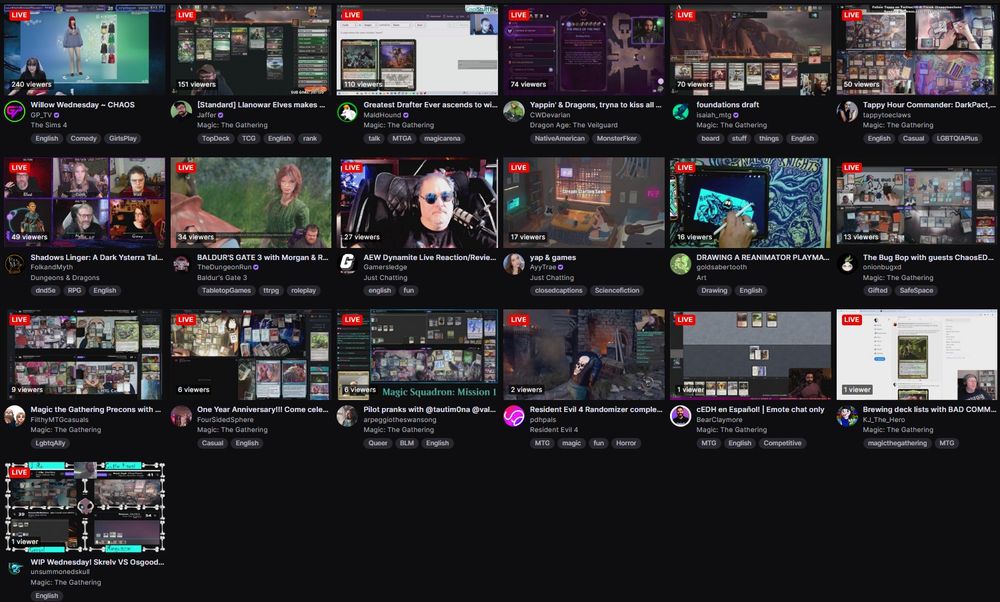 Screenshot of the Twitch grid view of streams I follow that are LIVE at the time of posting.