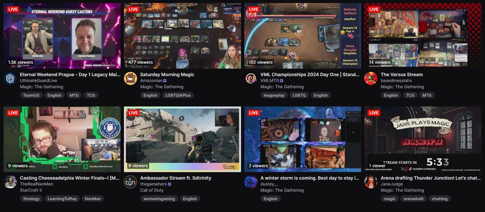 Screenshot of the Twitch grid view of streams I follow that are LIVE at the time of posting.