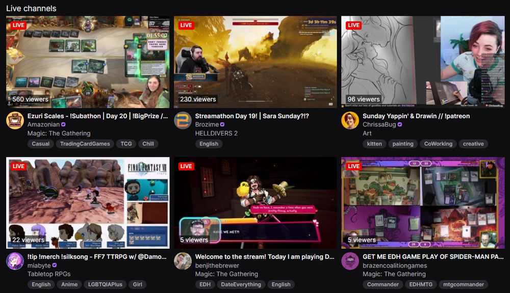 Screenshot of the Twitch grid view of streams I follow that are LIVE at the time of posting.