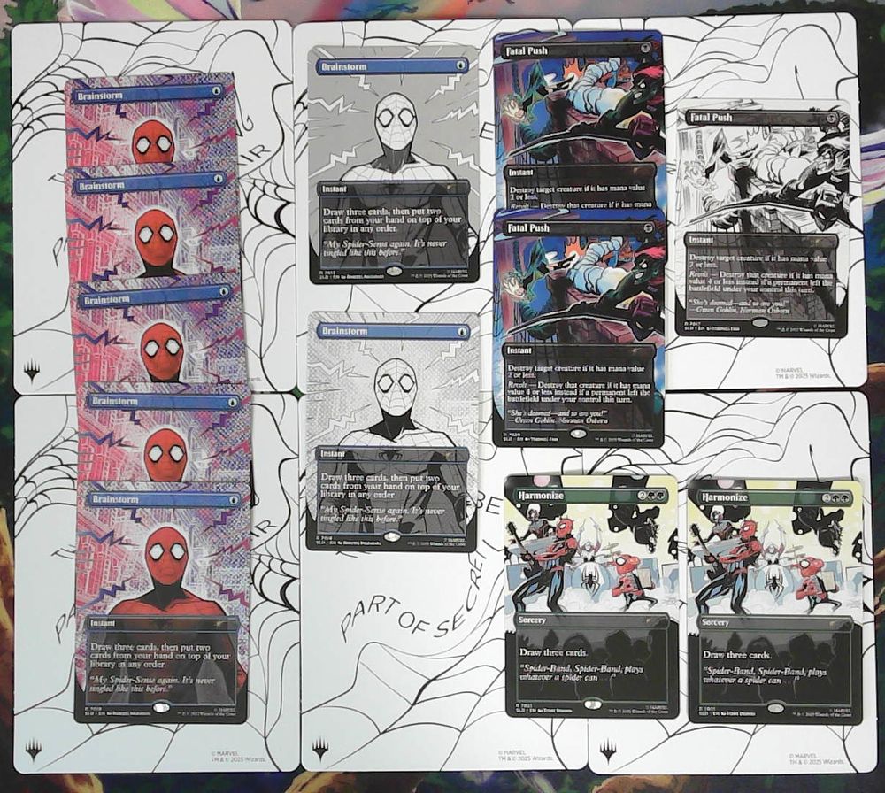 I bought 2 Rainbow Foil sets of the 5 MTG Spider-Man Secret Lair drops plus 2 of the Raised Foil Mana Symbiote drops.  Here are the bonus cards across the 12 drops.

Column 1: 5x Brainstorm (7019).
Column 2: 1x Brainstorm (7016) & 1x Brainstorm (7013). These are both sketch variants. The first has solid grayscale and the second has a newsprint look to it.
Column 3: 2x Fatal Push (7020) & 1x Harmonize (7021)
Column 4: 1x Fatal Push (7017 a sketch variant) & 1x Harmonize (7021).
