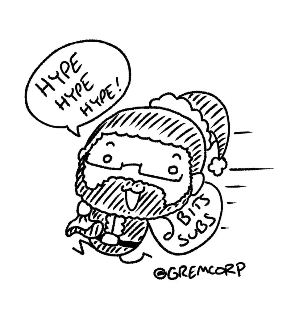 A black-line doodle, courtesy of the artist GREMCORP, representing a caricature of me as Santa, delivering hype, bits & subs to my streaming friends.