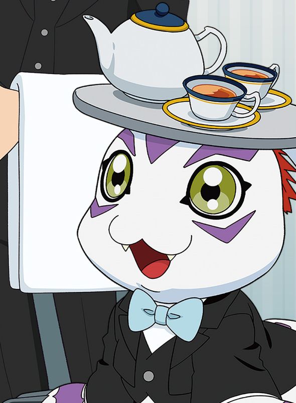 A close-up image of Gomamon from Digimon Adventure dressed as a waiter, balancing a plate of teacups and a teapot on his head