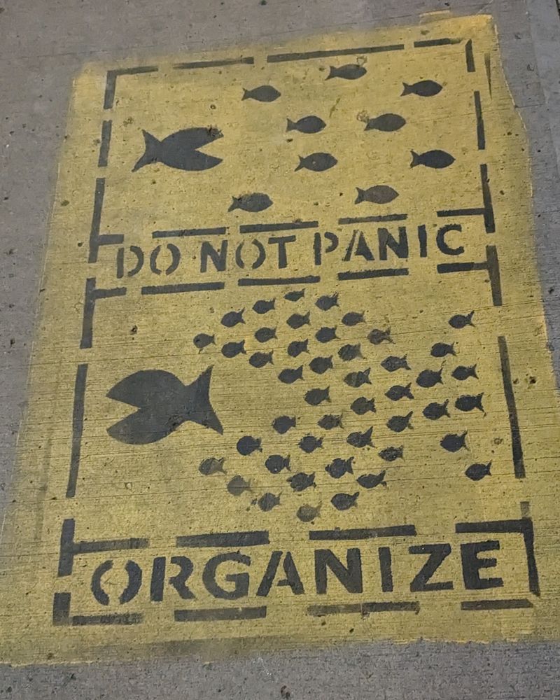yellow sidewalk stencil with black text that reads "do not panic. organize" and small fish being chased by a large fish and then a second image of many small fish chasing the big fish away