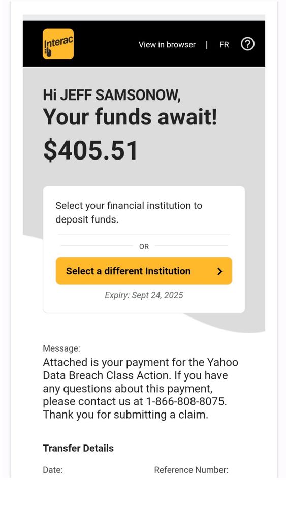 Screenshot of an email to bank deposit $405.51 as part of Yahoo data breach payouts. 