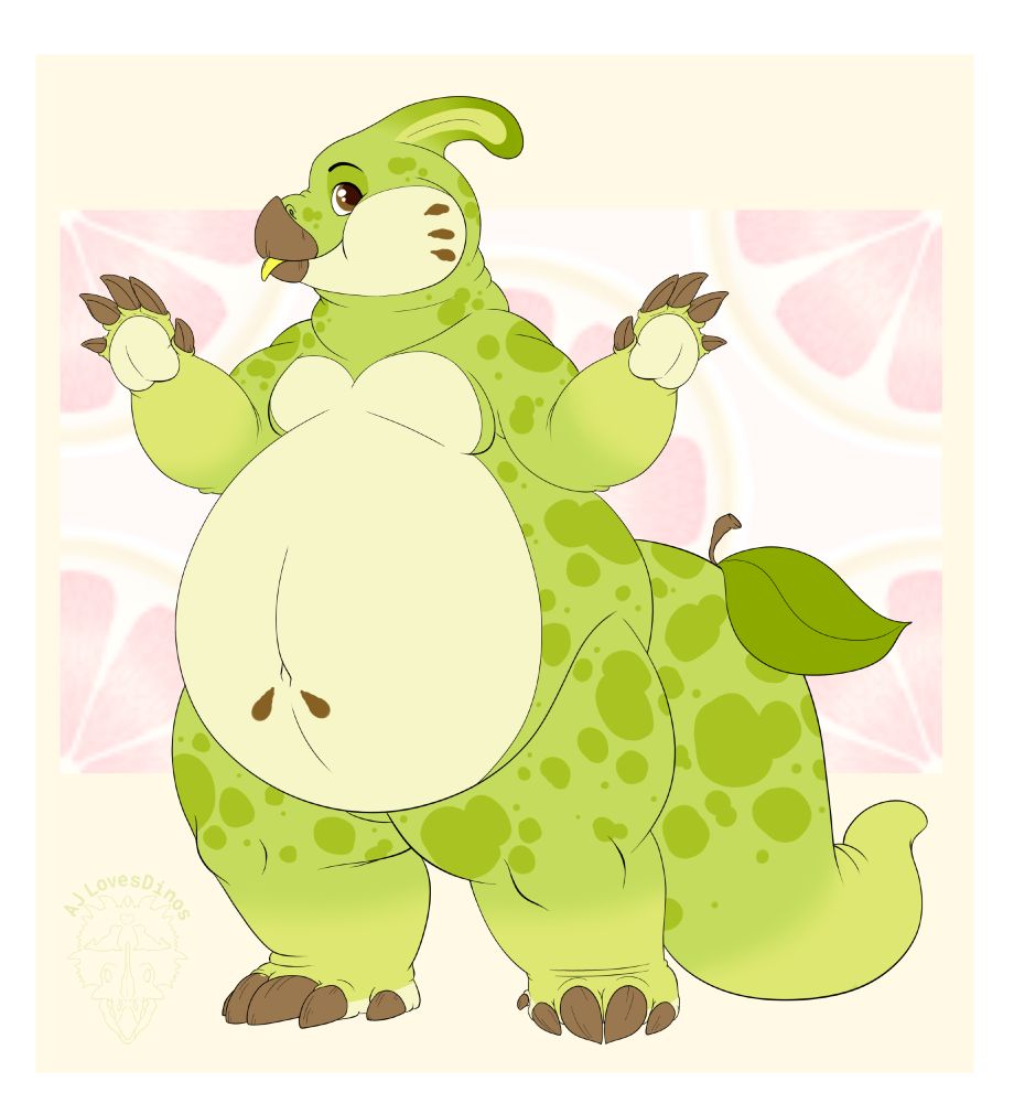 A chubby pear themed parasaurolophus adoptable design