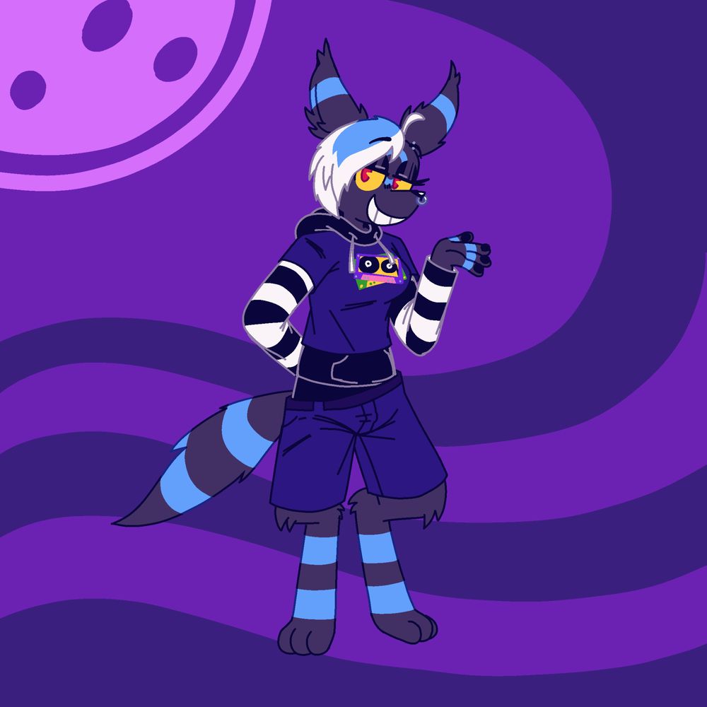Artwork featuring Luna the Umbreon, standing confidently againsts a wavy purple background with a large full moon in the upper left corner. She has dark gray fur with bright cyan-striped rings on the ears, tail, hands, and legs. She wears a midnight blue hoodie featuring two cassette tapes layered on top of each of each other., and dark blue shorts. Her expression is slightly mischievous, with yellow and red eyes and a sharp-toothed smile. One arm is hidden behind her back, while the other is extended upward slightly as the hand leans backward.