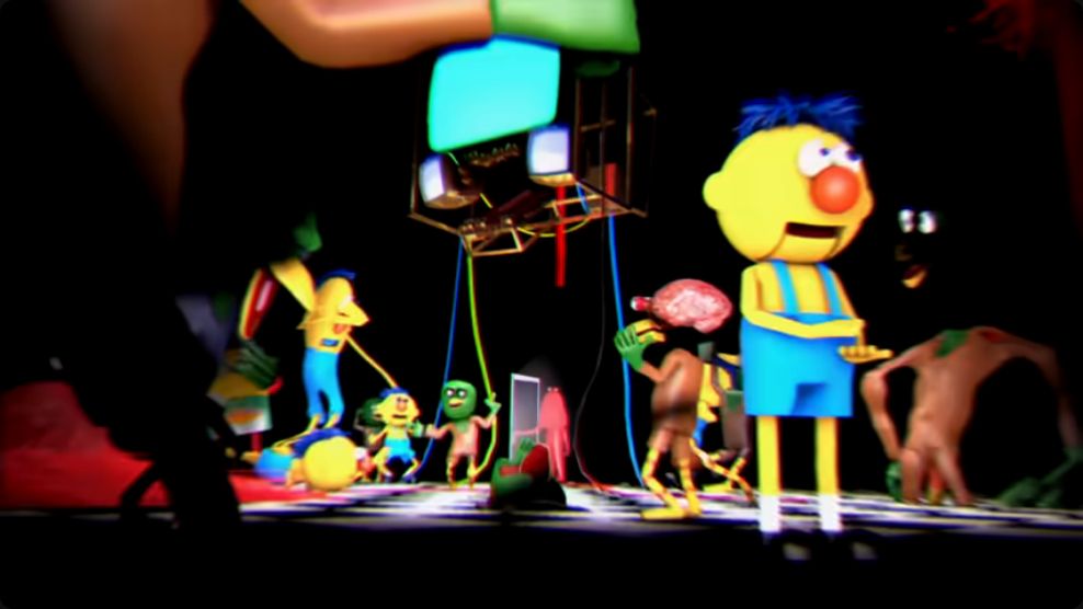 A screencap from Don't Hug Me I'm Scared 4, showing almost the same scene but with Red standing at the door and distorted, duplicated versions of his friends connected to Colin the Computer's giant disembodied head.