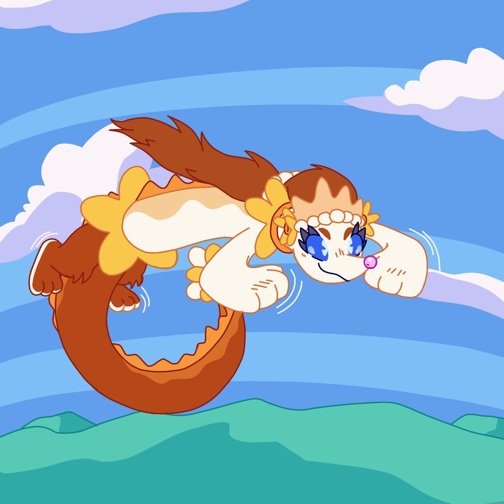 Artwork featuring Rina "Truggle" Alolani, a yellow/orange-schemed primarina with a flower petal motif, flying energetically through a bright blue sky with clouds. The primarina has large blue eyes, long brown hair with white pearls near the base, the crown-like headpiece on their head with matching white pearls, and a long, finned tail. They appear cheerful and determined, with their arms focused in front of them, like they're preparing to dive.