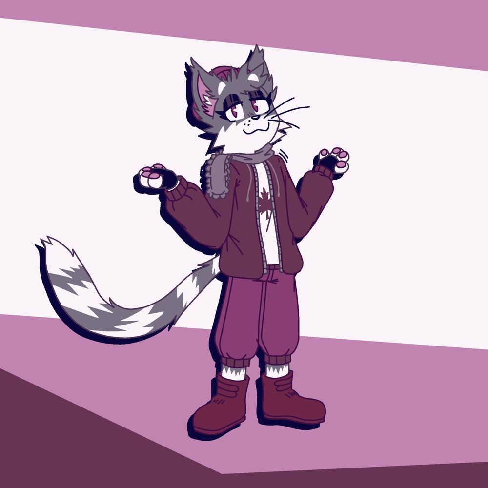 Artwork featuring Charles, a cat with grey and white fur, wearing a cozy outfit. He has a fluffy tail with dark and light stripes, and is dressed in a dusty merlot jacket over a white shirt with a matching maple leaf, deep carmine pants, a thick scarf, and red boots. He is standing in a relaxed pose with his arms raised slightly and palms up, giving a nonchalant or questioning expression.