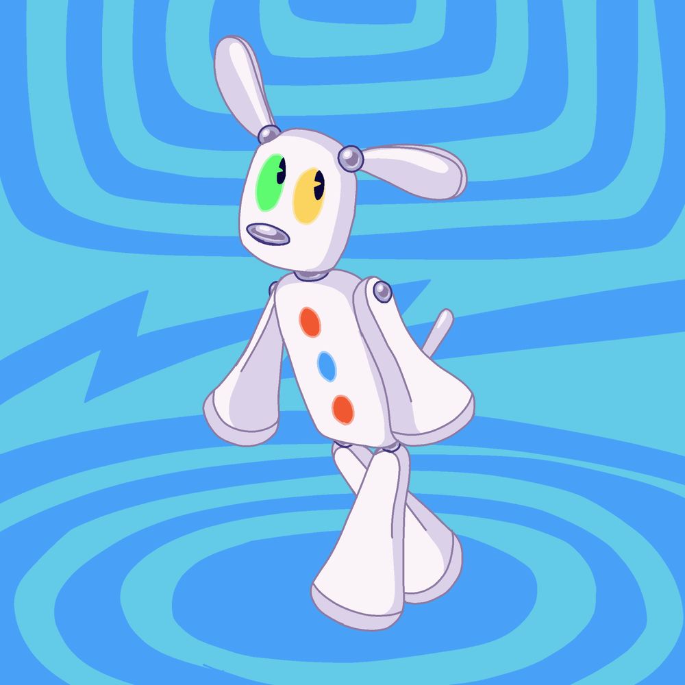 Artwork featuring Jax, an anthropomorphic I-Dog, standing against a bleu background with concentric wave patterns. The dog has oval eyes; one green and one yellow, three circular glowing spots (two red, one blue) aligned vertically on its chest. Its limbs are soft-edged and jointed like the toy.