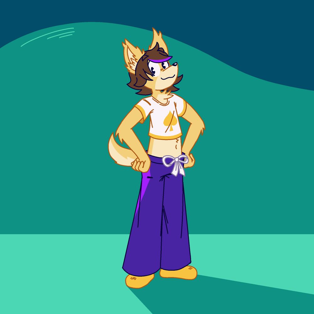 Artwork featuring Damson, a dingo, stands confidently with hands on hips. Damson has tan and cream fur, short dark brown hair, and wears a white crop top with a yellow spade symbol and matching yellow trim. He is also wearing wide-legged purple pants tised with a large white bow at the waist.