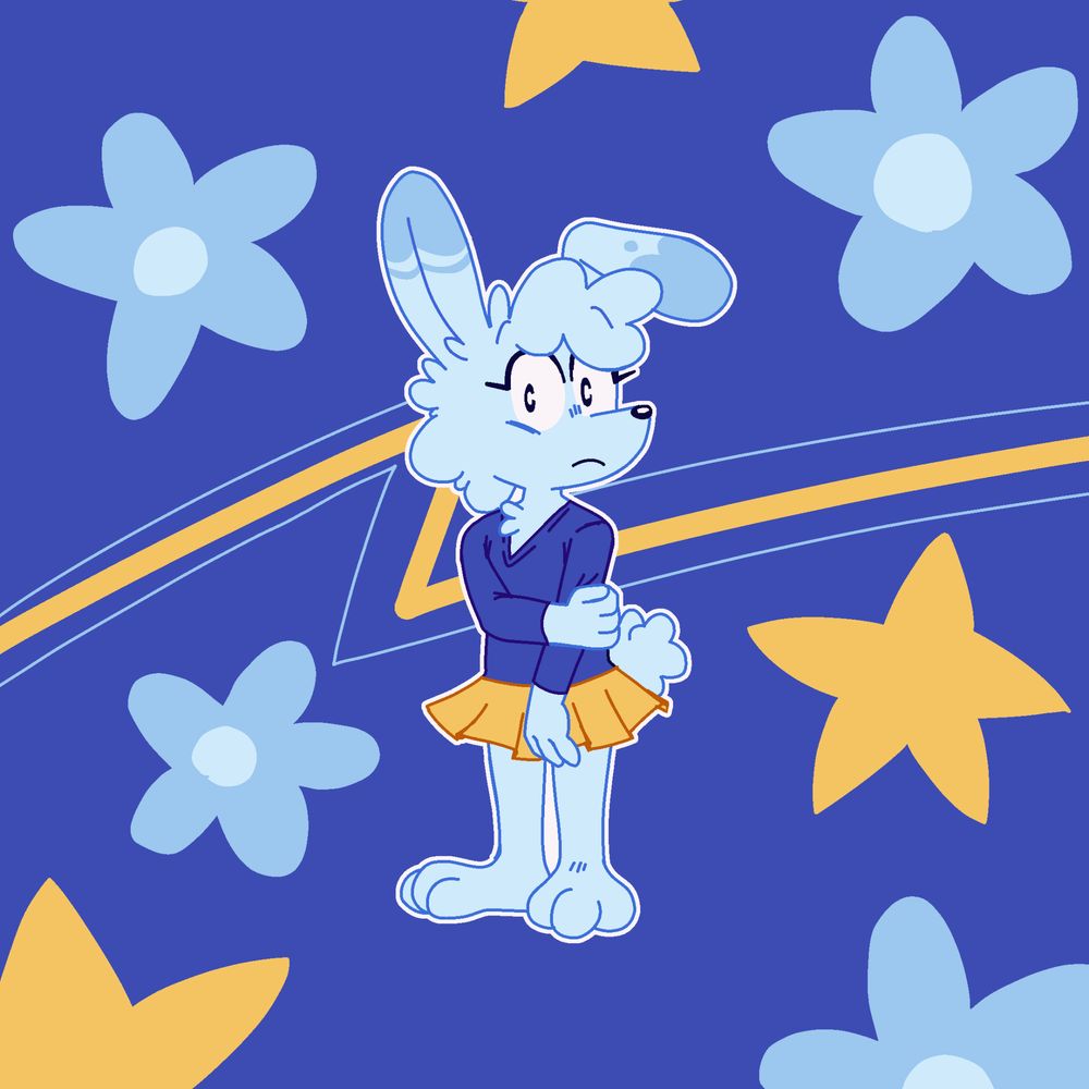Artwork featuring Chubbal, a light blue bunny, against a vibrant blue background with yellow stars and light blue flowers. The bunny has fluffy hair, long ears, and is wearing a blue shirt and a yellow pleated skirt. They appear nervous or perhaps just uncertain, with one arm holding the other as they look at the camera.