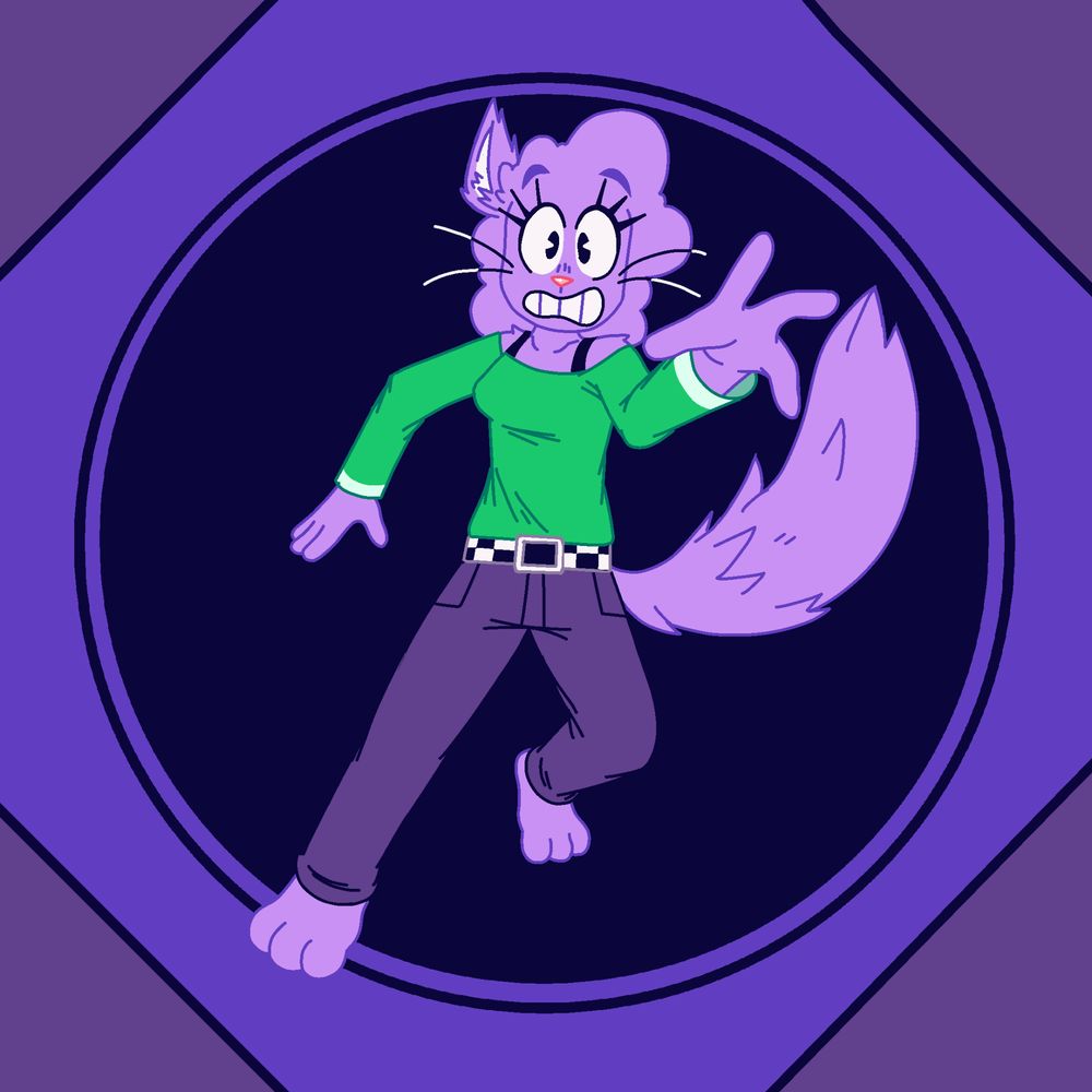 Artwork featuring Molly Folly, a purple cat wearing a green long-sleeve shirt, dark purple pants, and a black-and-white-checkered belt. Molly appears to be falling into a large, dark hole, as she reaches forward to the camera with one hand..