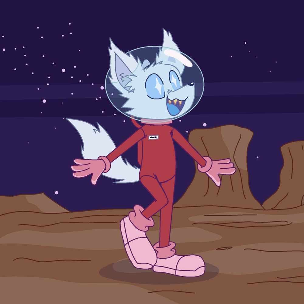 Artwork of Jupiter, a white fox-esque alien, with his eyes sparkling as he happily explores a rocky surface in outer space.