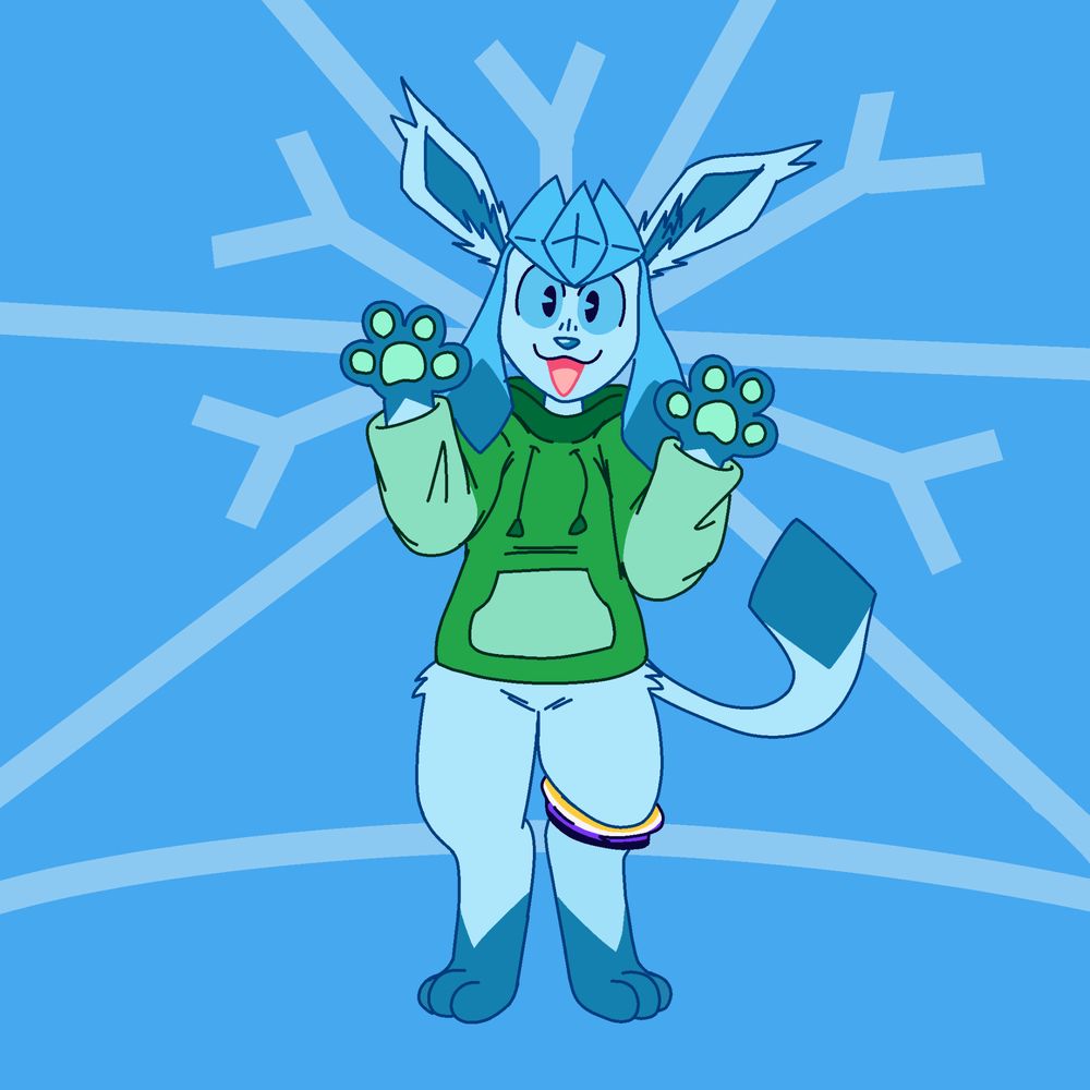 Artwork featuring Cedar L. Scout (a glaceon) standing in front of a blue background with a stylized snowflake design. The glaceon wears a green hoodie as well as a non-binary flag-patterned band on xyr left leg. It holds up both hands, revealing xyr pawpads.
