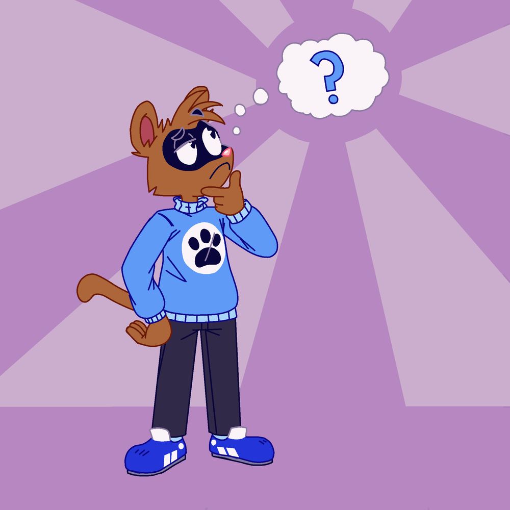 Artwork featuring Fergus Ferretson standing on a purple background with radiating light beams. The ferret wears a blue sweater with a black paw print on it., black pants, and blue sneakers. He has a thoughtful expression, holding his chin with one hand while a thought bubble with a blue question mark floats above his head.