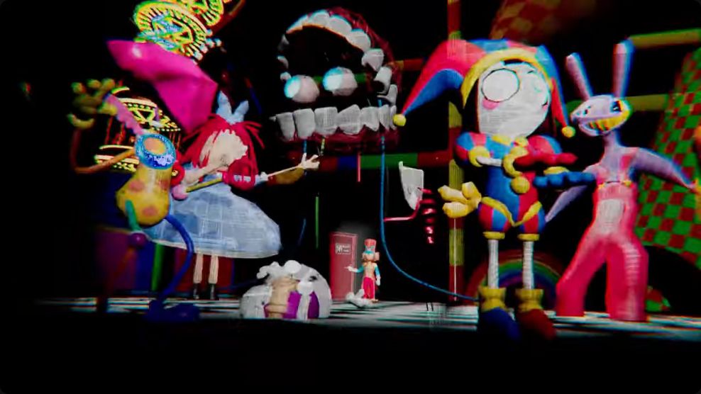 A screencap from the music video for The Stupendium's song, "The Merry-Go-Round," showing Cosmo in a dark room with only a spotlight for lighting, about to use an exit door in the background. Around them, there are distorted/glitched versions of the main characters from The Amazing Digital Circus, and they appear to be dancing, and are linked to a giant, disembodied head of Caine via wires.
