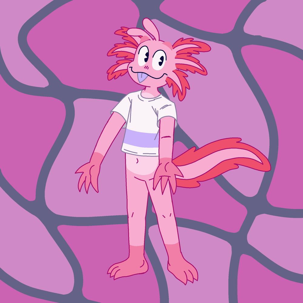 Artwork featuring Sherbert, a pink axolotl, stands against a purple and pink checkered abstract background. Sherbert has a happy expression with their tongue sticking out.