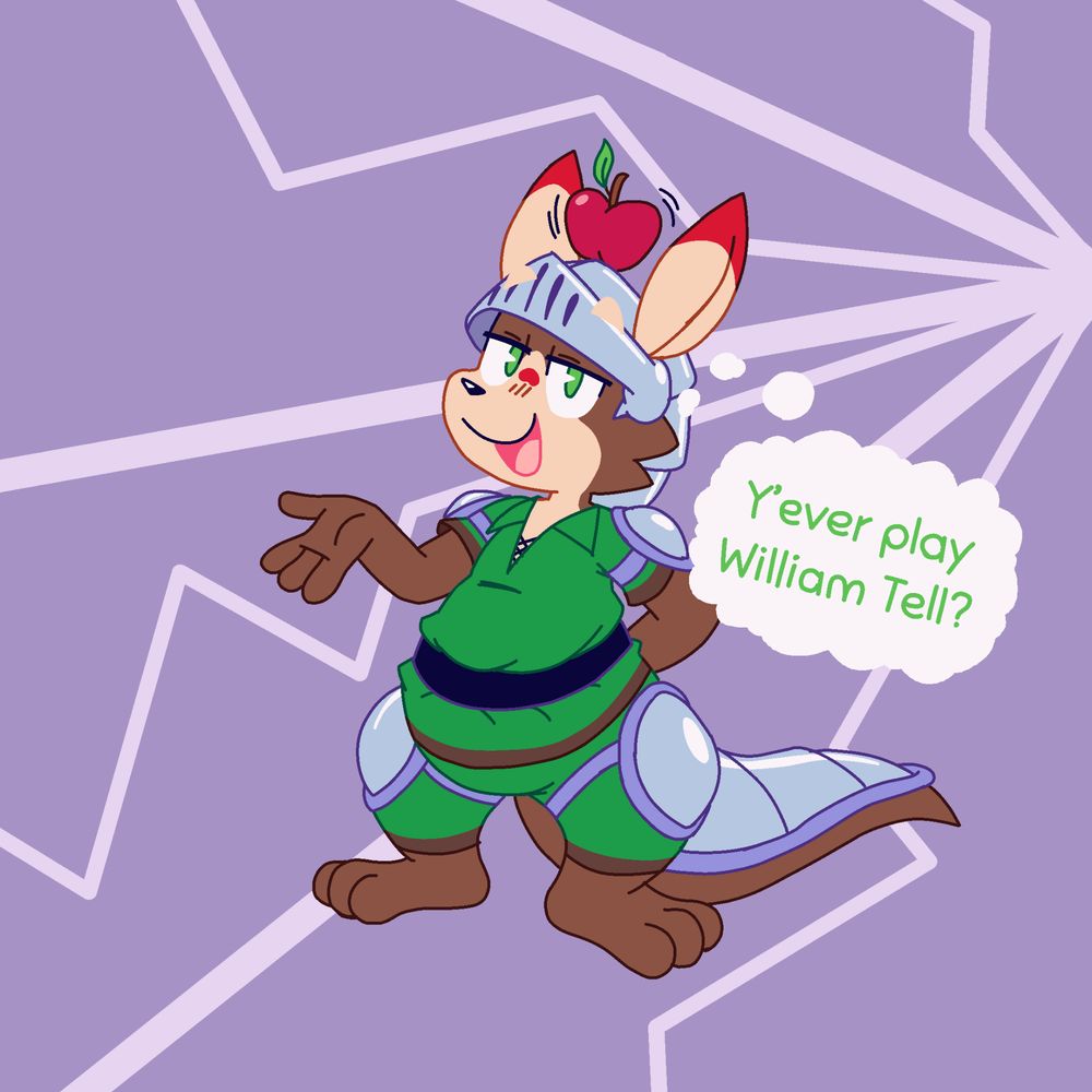 Artwork featuring a dishield standing confidently against a purple background. The character is dressed in a Robin Hood-sort-of outfit with its natural silver armor on the shoulders, knees, and tail. It wears its knight's helmet with an apple perched on top. The dishield has a playful expression and has its hand out casually. A thought bubble next to their head says, "Y'ever play William Tell?"