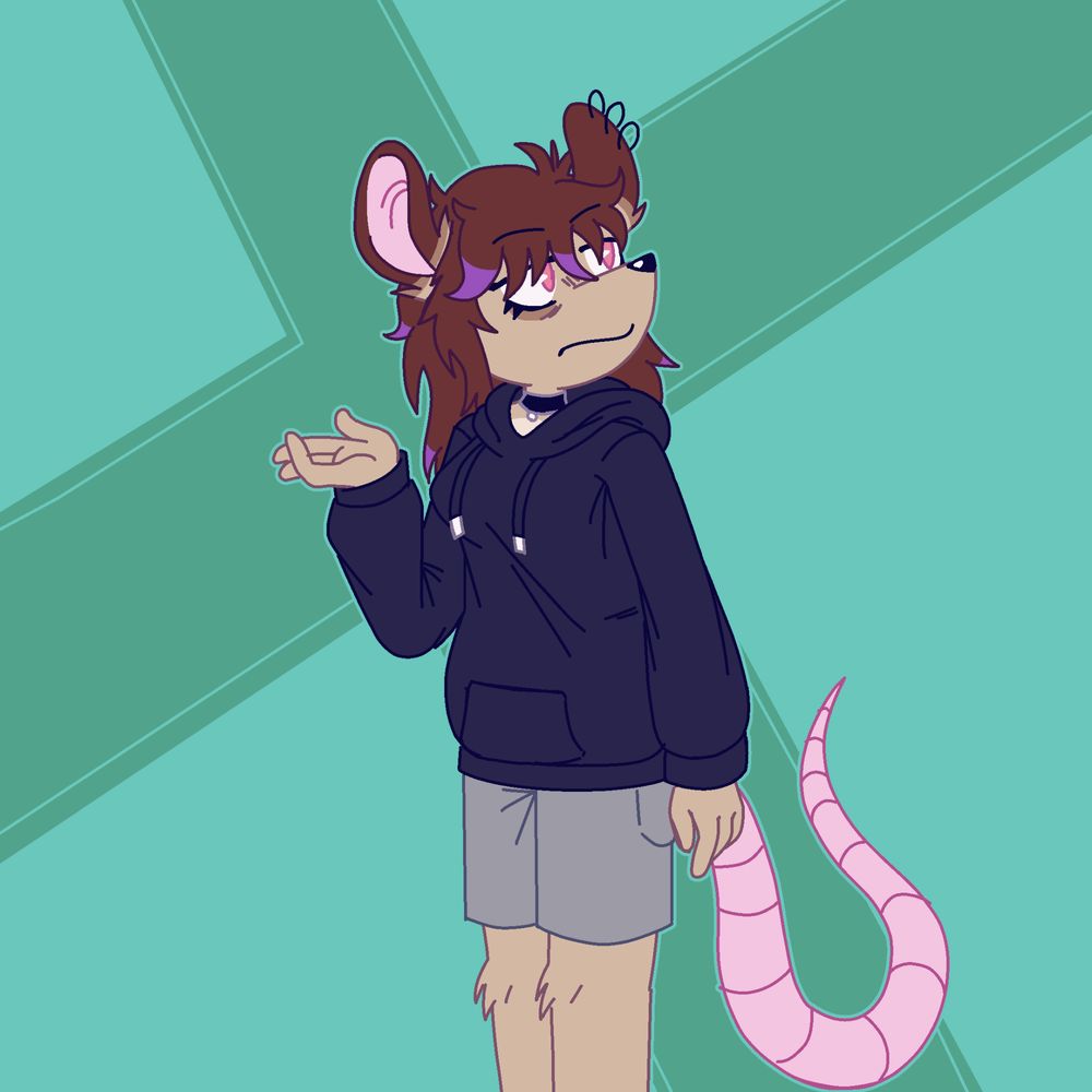 Artwork featuring Sarah, a rat with dull brown fur, eye bags, and a pink stripd tail, wearing a dark gray hoodie and mid gray shorts. She has a casual pose with one hand raised and a neutral.... or slightly unimpressed expression.