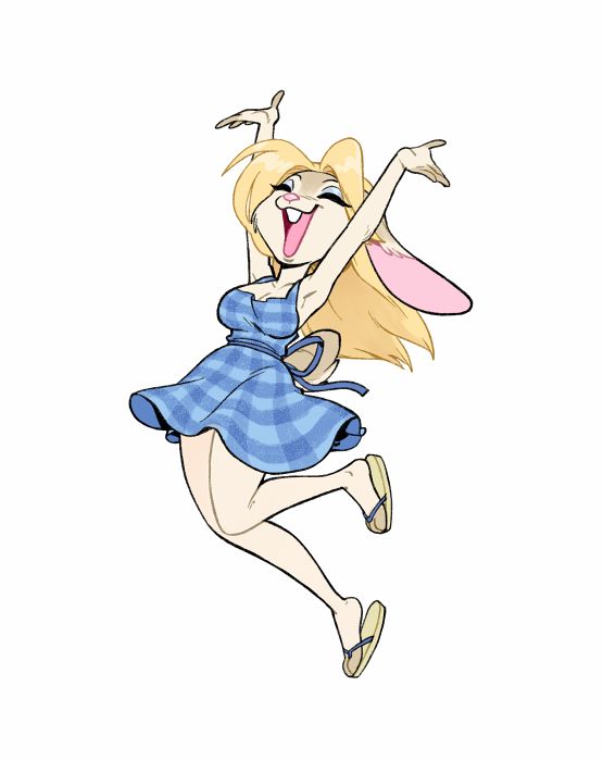 A blond anthro rabbit lady smiling and hopping in the air 