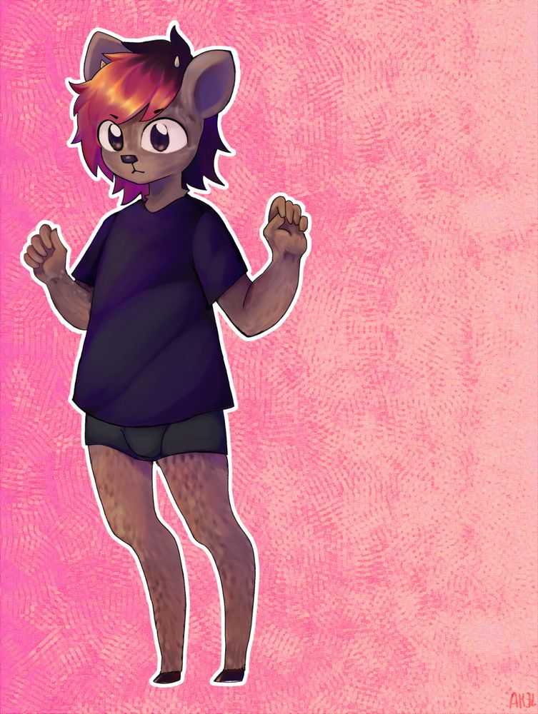 an antrophomorfical pudú, they have black and pink hair, and wear dark clothing