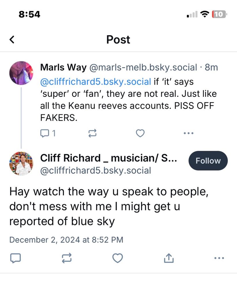 Fake Cliff Richard telling me that I’ll be reported for calling him FAKE. 