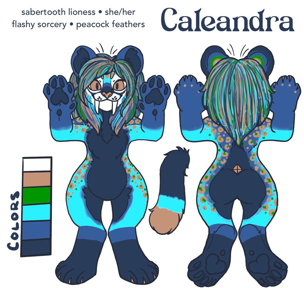 Reference sheet for a peacock themed saber tooth lioness.