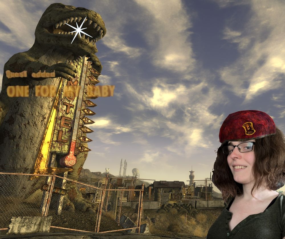 me with Boone's beret on from the Fallout New Vegas Quest, "One for my baby"

I am standing in front of the dino in Novac and there is a flash in the mouth of the dino