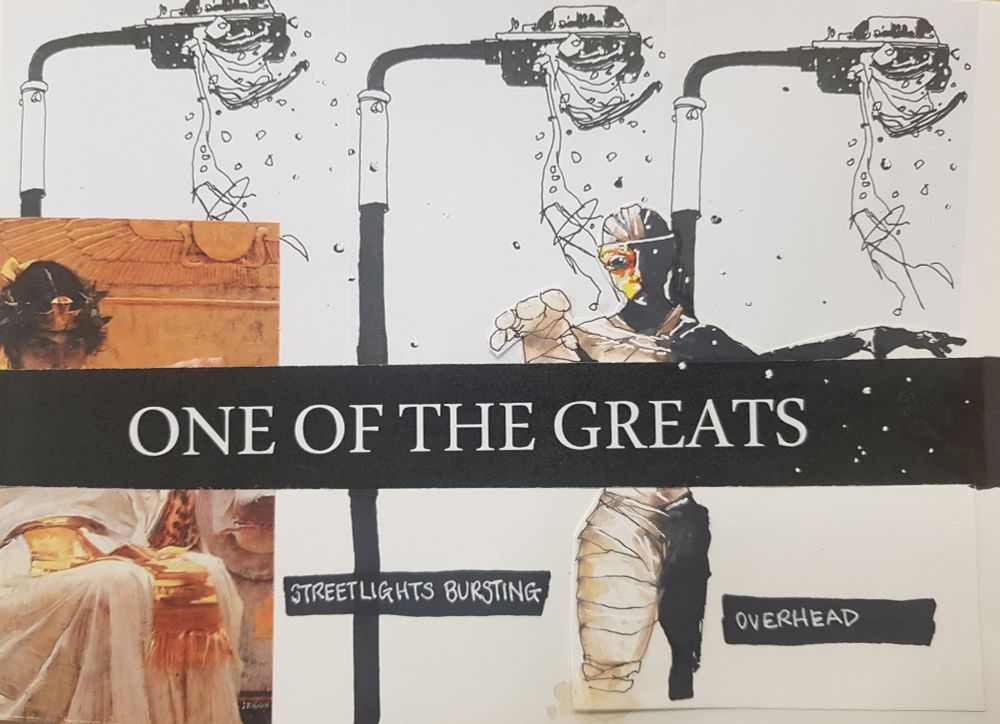 A collage of found, copied and drawn images shows a halloween mummy, bursting streetlights and a partially hidden portrait of Cleopatra  by John William Waterhouse.