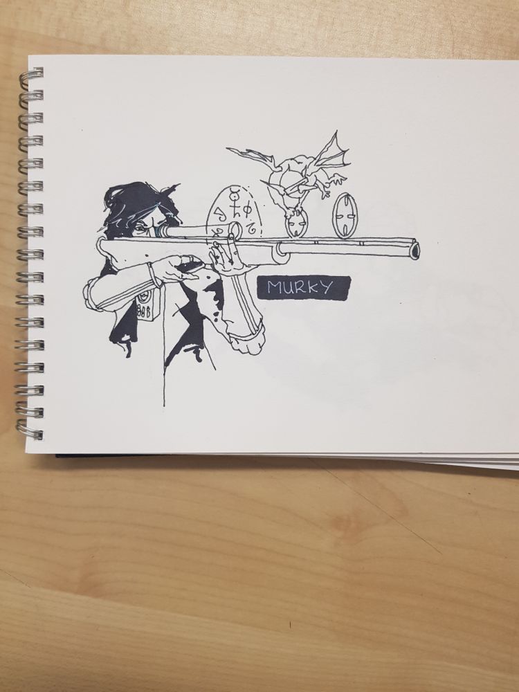 A line drawing of a weird gremlin helping to sight a rifle.
