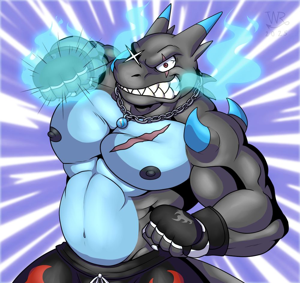 Laz, an anthro charizard, in his mega evolved form about to deliver a fire punch