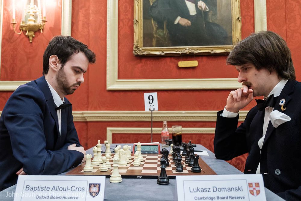 Reserve board between Baptiste Alloui-Cros (Oxford University) and Lukasz Domanski (Cambridge University), Varsity chess match, 8 March 2025, RAC Clubhouse, Pall Mall, London