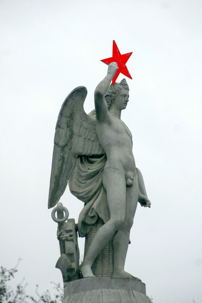 Statue, nude angel with red star on head