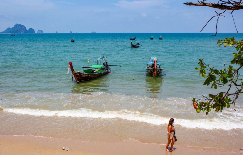 Seaside scene with fishing boats, Krabi. Thailand